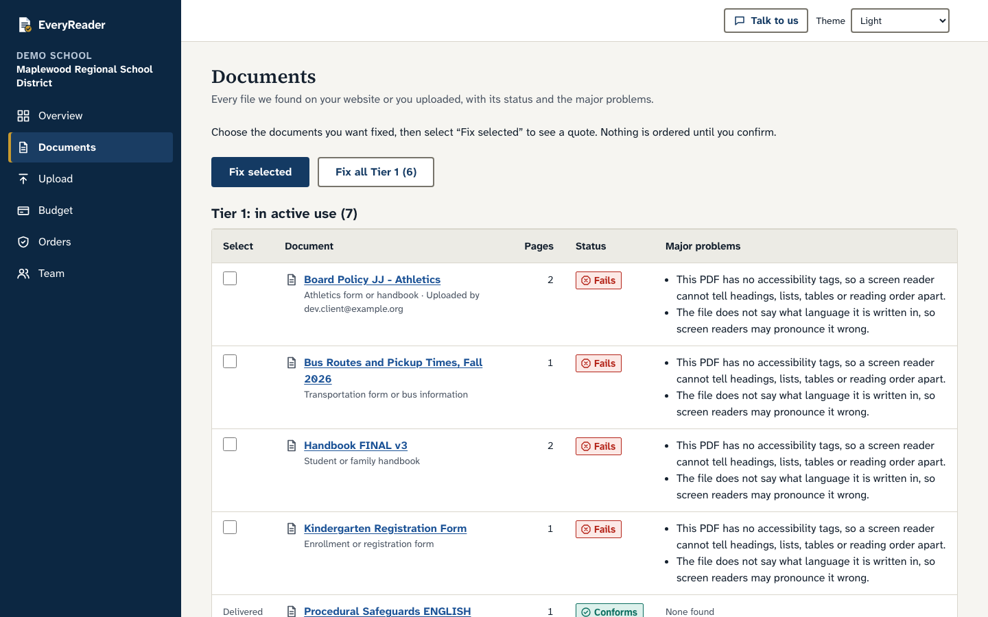 The documents page: a table of documents grouped by priority tier, each with a checkbox, pages, a status badge such as Fails or Conforms, and its major problems.